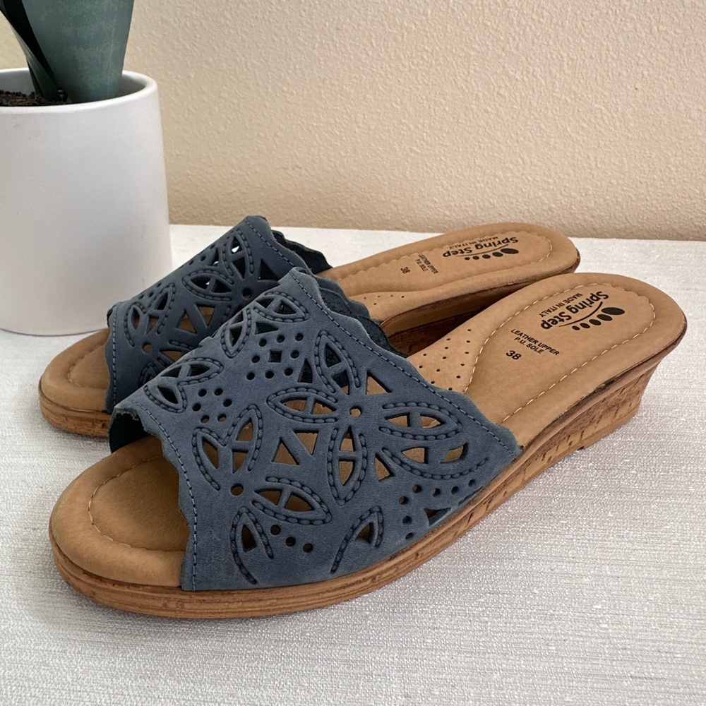 Spring Step Blue Suede Lazer Cutout Wedge Slide Sandals Women’s EU38 US7.5